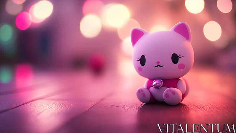 Blushing toy kitten soaks in neon twilight bokeh dreams