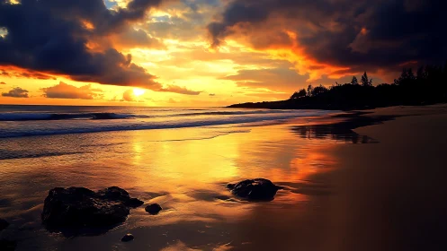 Golden shoreline sunset wrapped in storm-softened clouds.