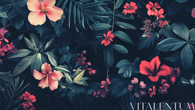 Tropical florals amid deep teal foliage.