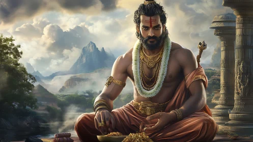 Mythic sage distributing coins in hyper-detailed temple vista.