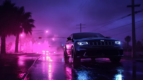 Jeep SUV on wet neon street under purple night sky.
