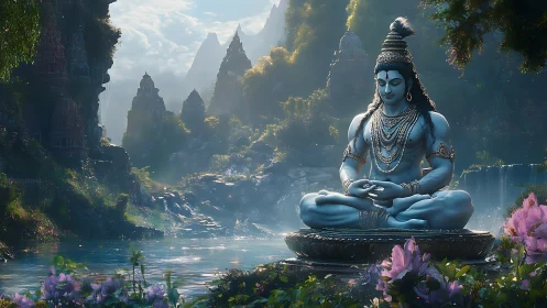 Seated blue deity statue by river in mountainous temple valley.
