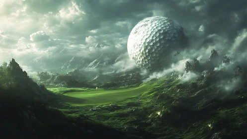 Giant golf ball dominates misty green mountain valley.