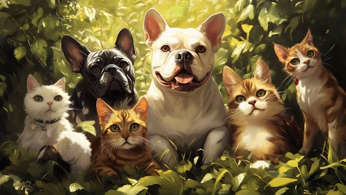 Delightful Gathering of Cats and Dogs in Golden Garden Light.