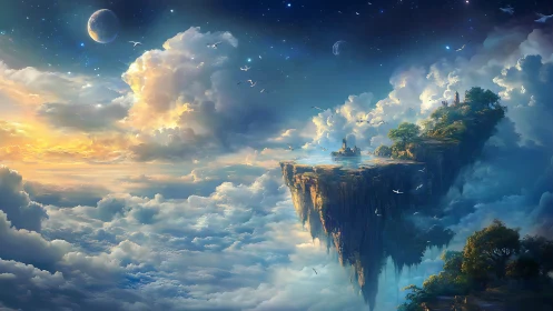 Sunrise stitches a floating sky kingdom between twin moons