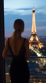 Elegant woman in black dress overlooking illuminated Eiffel Tower