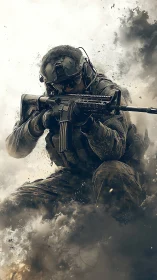 Storm-wreathed tactical sniper kneels inside shattering smoke.