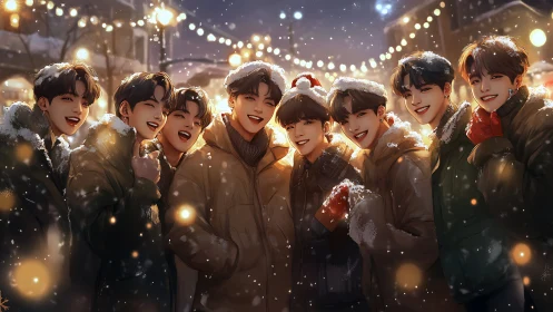 Smiling friends celebrate a glowing winter night together outdoors