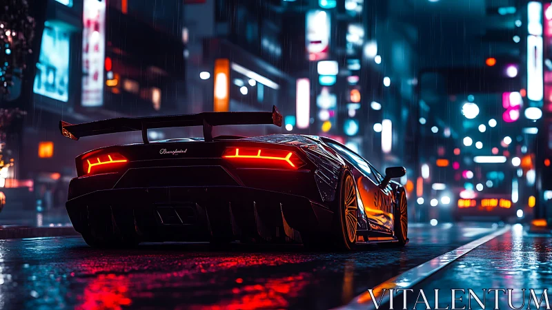Cyberpunk supercar idles in neon-soaked nocturnal streetscape