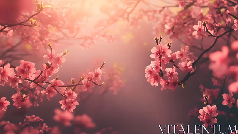 Pink flowering branches against blurred warm background light