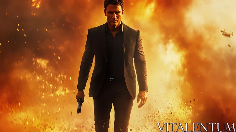 Calm gunman striding from a sunburst of cinematic firestorm.