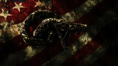 Coiled venomous serpent over distressed grunge flag backdrop