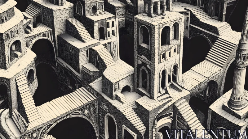 Surreal maze of stone staircases and arches in intricate sketch style. Surreal maze of stone staircases and arches in intricate sketch style.