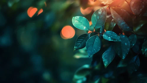 Moody teal foliage with warm sunset bokeh highlights.