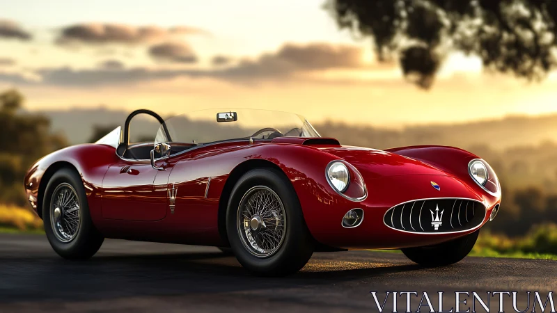 Crimson vintage roadster savors golden-hour countryside hush