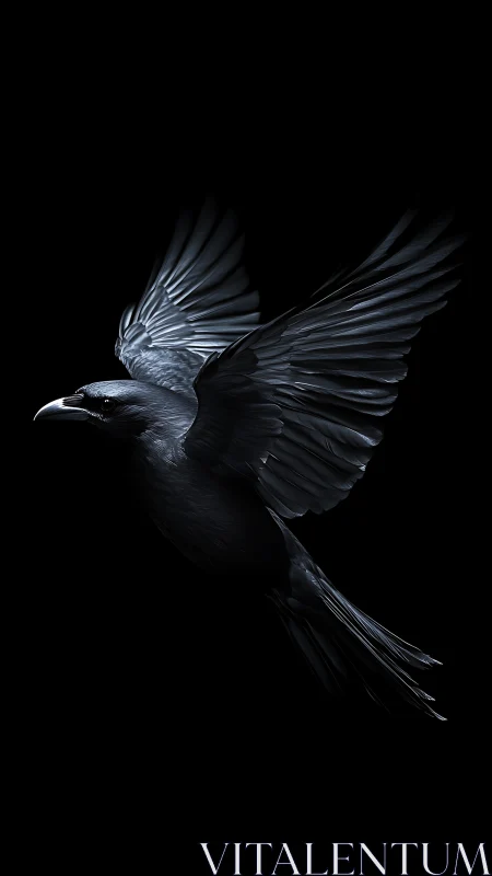 Midnight raven soars in dramatic light against pure black
