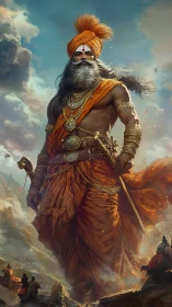 Colossal warrior sage strides through stormlit mountainscape.