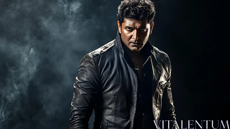 Smoldering vigilante strides from smoke in noir leather.