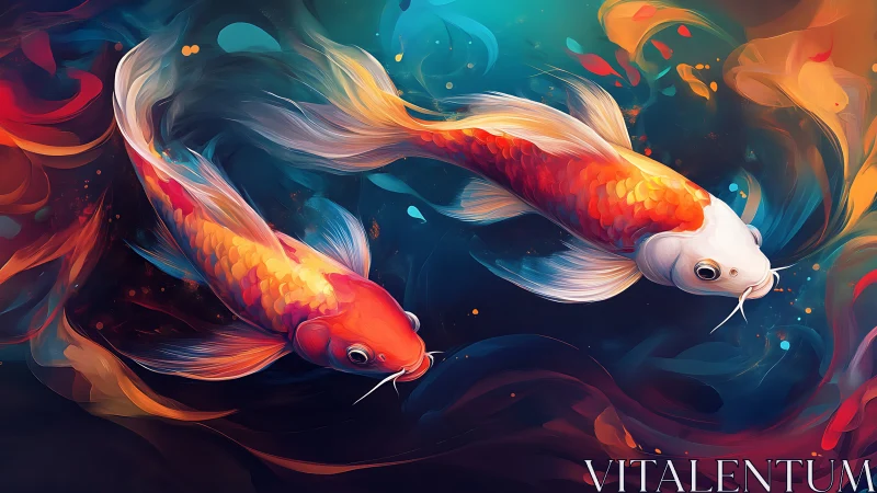 Koi fish in luminous currents with flowing abstract color fields.