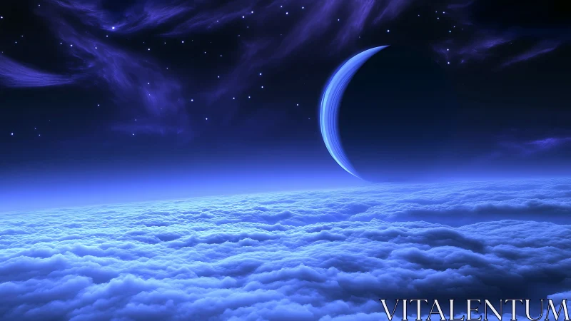 Crescent planet rises over luminous alien cloud sea