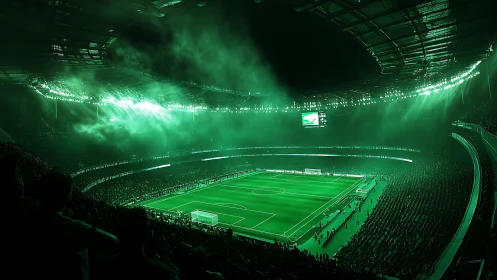 Illuminated football stadium interior shows full pitch view