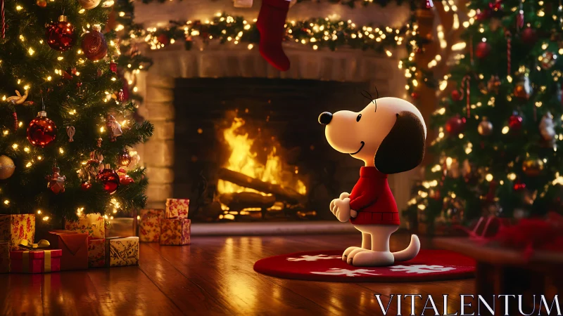 Cozy cartoon dog admiring glowing Christmas fireplace scene.