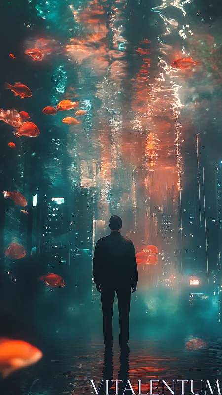 Man stands in neon cityscape with floating goldfish around