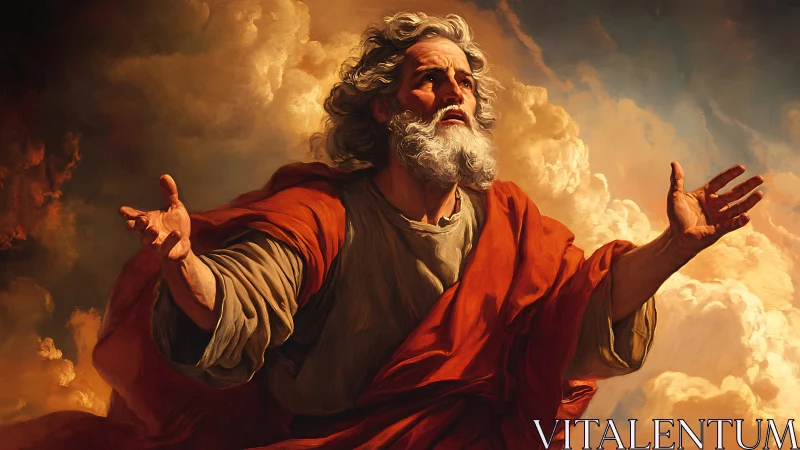 Elderly prophet raises open arms amid glowing clouds.