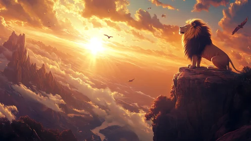 Majestic lion welcomes the sunrise from a glowing cliffside