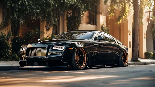 Midnight-lowered Rolls gliding through sunlit mansion calm.