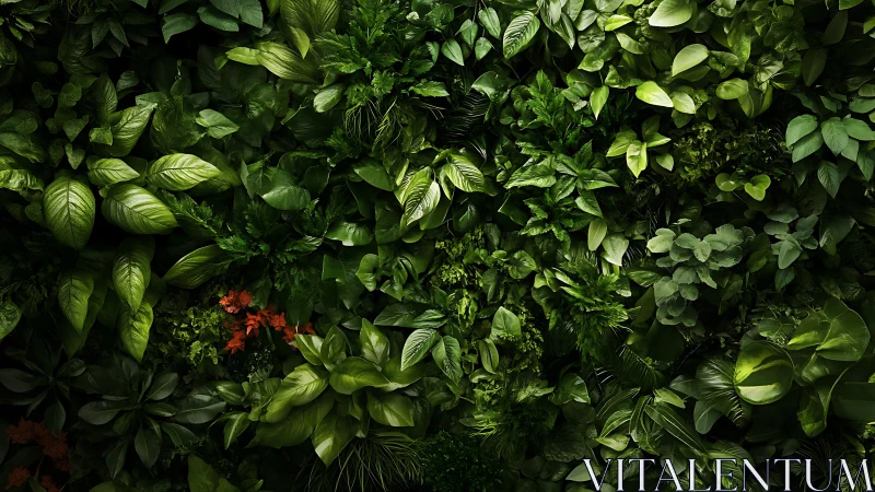 Dense vertical foliage wall shows layered tropical plant biodiversity