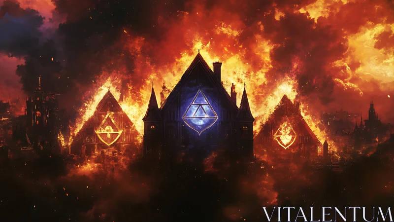 Mystical Citadel Ablaze: Glowing Symbols Rise Through Inferno.