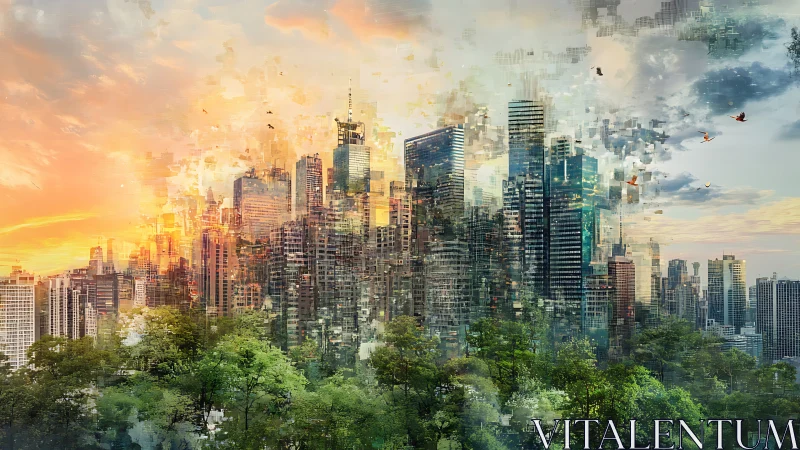 Digital city skyline dissolves into luminous pixelated sky.