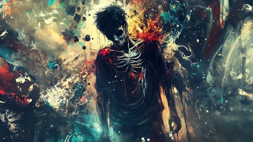 Skeleton figure dissolving in chaotic abstract colors.