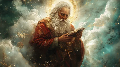 Celestial elder with halo reading illuminated scripture.