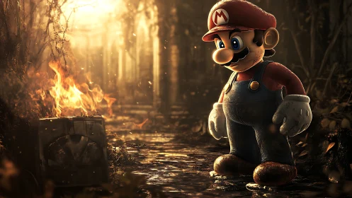 Mario stands in moody forest path beside burning crate.