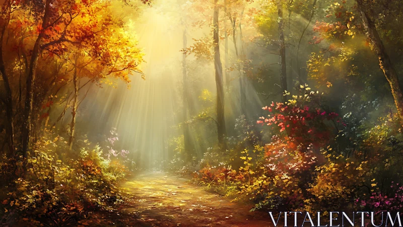 Backlit autumn forest path with volumetric sunlight rays