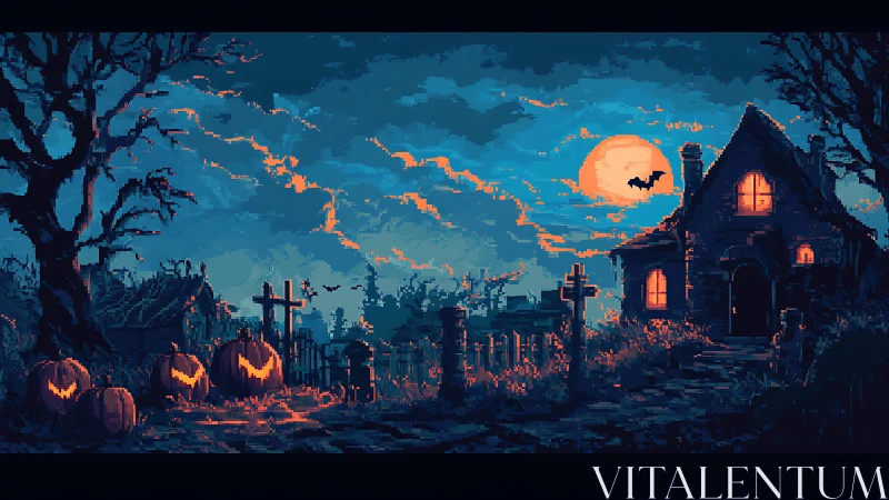 Haunted cottage glows under full moon in pixel nightscape.