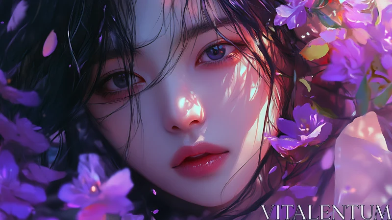 Female face rendered in close-up among vivid purple flowers