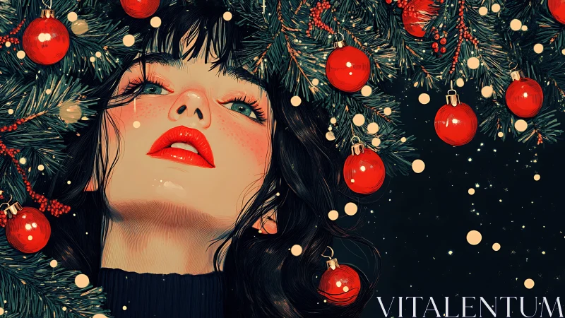 Digital painting portrait beneath festive evergreen boughs.