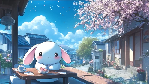 Cute bunny café scene under spring cherry blossoms.