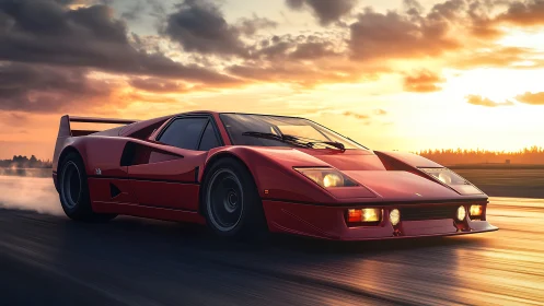 Red supercar races along runway under blazing sunset sky.