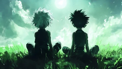 Sunlit grass, quiet futures: two friends pause the world.