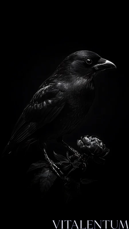 Black Raven Perched On Thorned Branch. Sharp Detail.