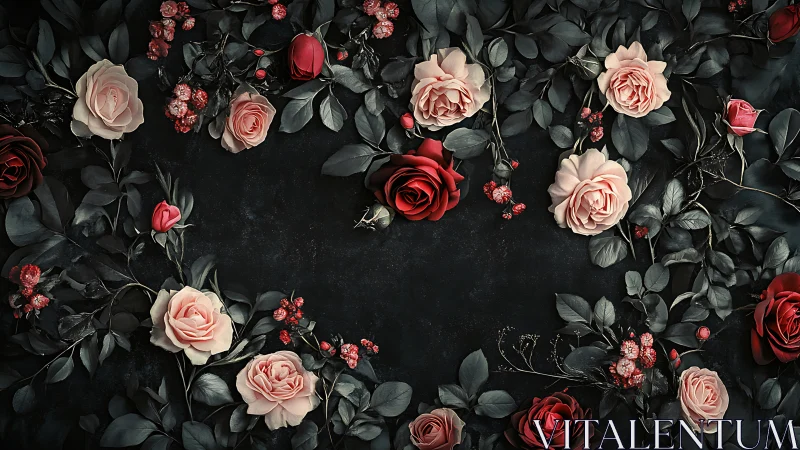 Floral arrangement with roses and foliage on dark background.