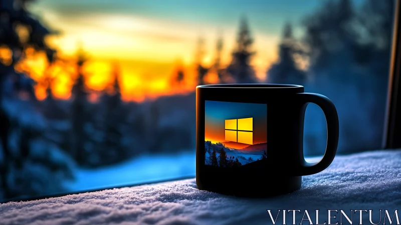 Snowlit sunrise mug holds a glowing pixel window portal.