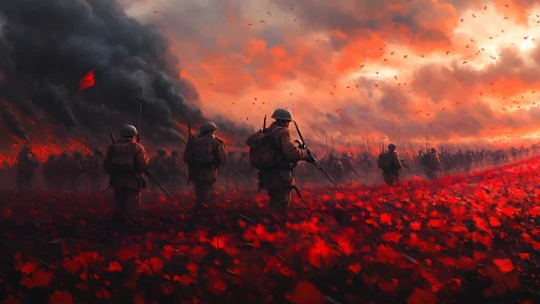 Soldiers advance through crimson poppy fields under burning skies
