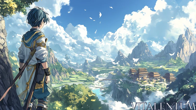 Figure observes expansive valley landscape with distant complex