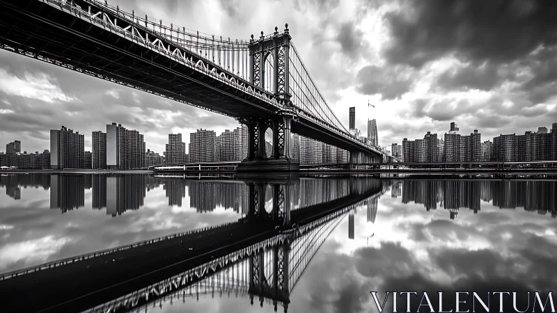 Suspension bridge and skyline mirrored in monochrome waters.