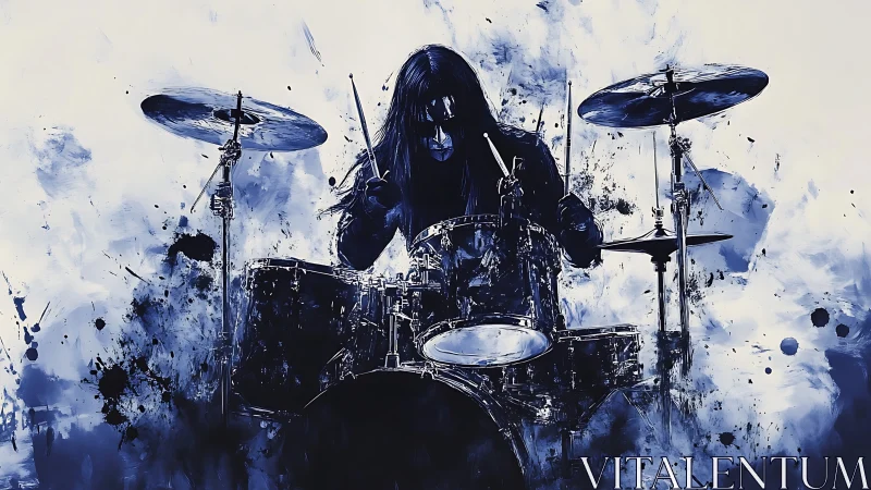 Dynamic blue monochrome painting captures intense rock drummer